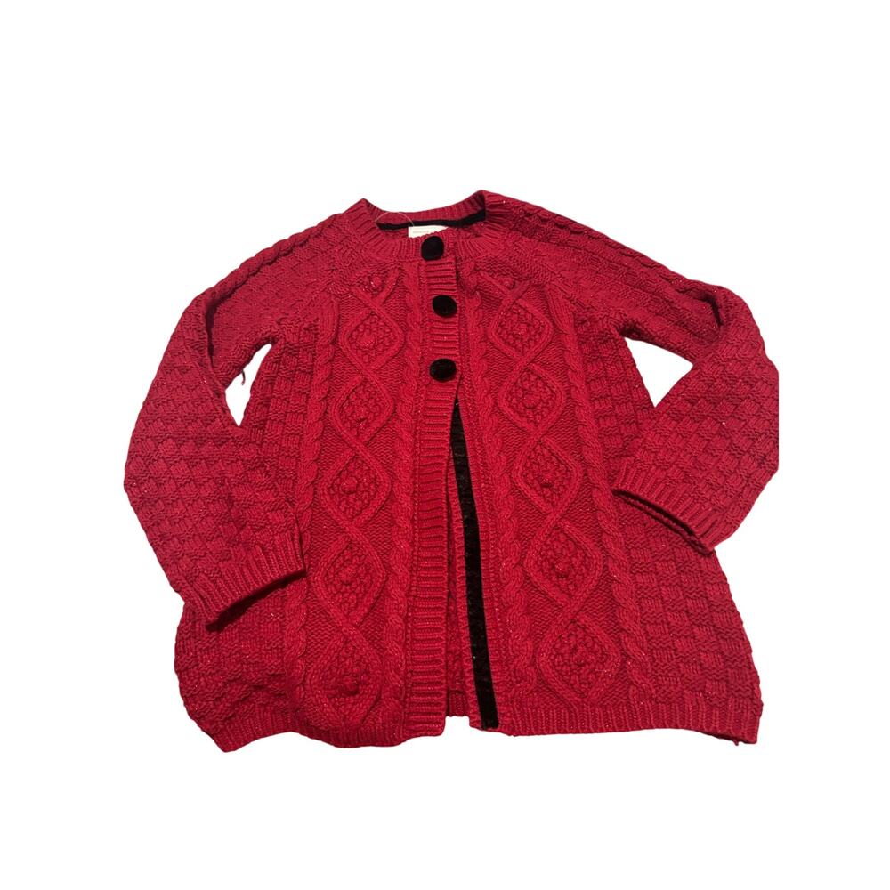 Adrienne Vittadini 6x red black velvet trim cardigan cotton poly metallic euc